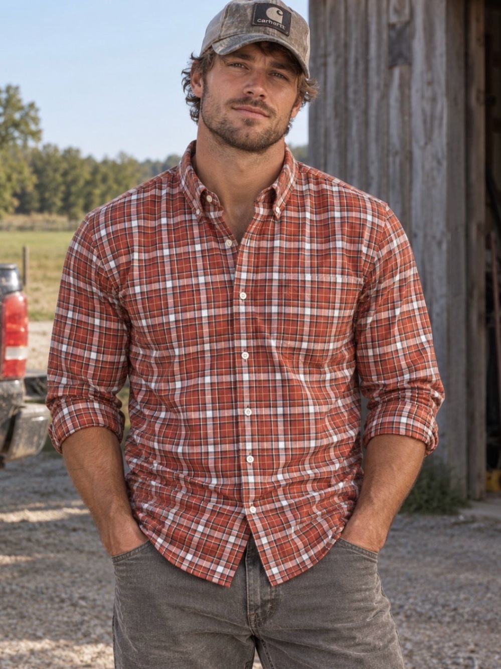 L.L. Bean Rust and White Plaid Button-Down Shirt Large Long Sleeve